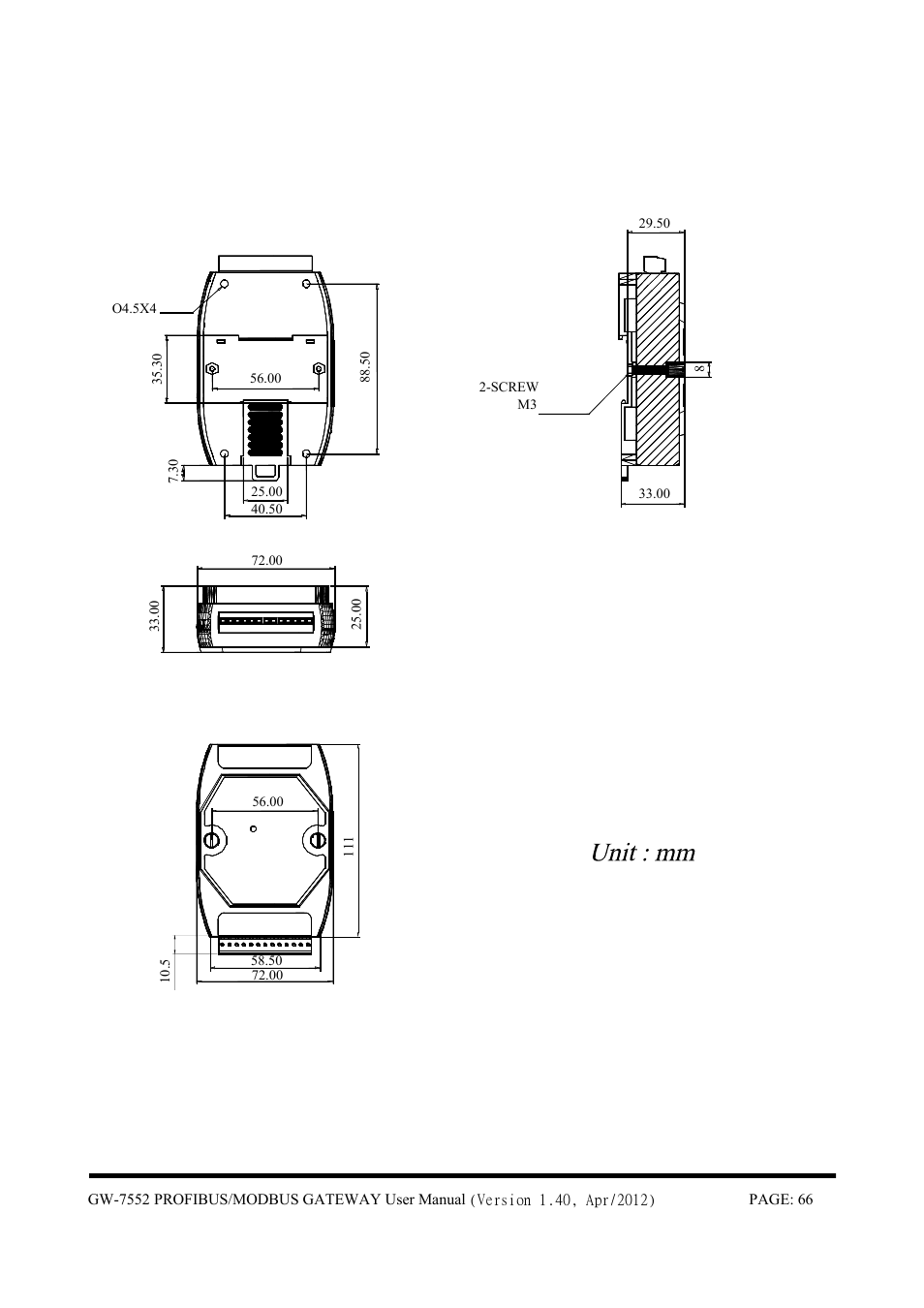 Dimensions | B&B Electronics GW-7552 - Manual User Manual | Page 66 / 67