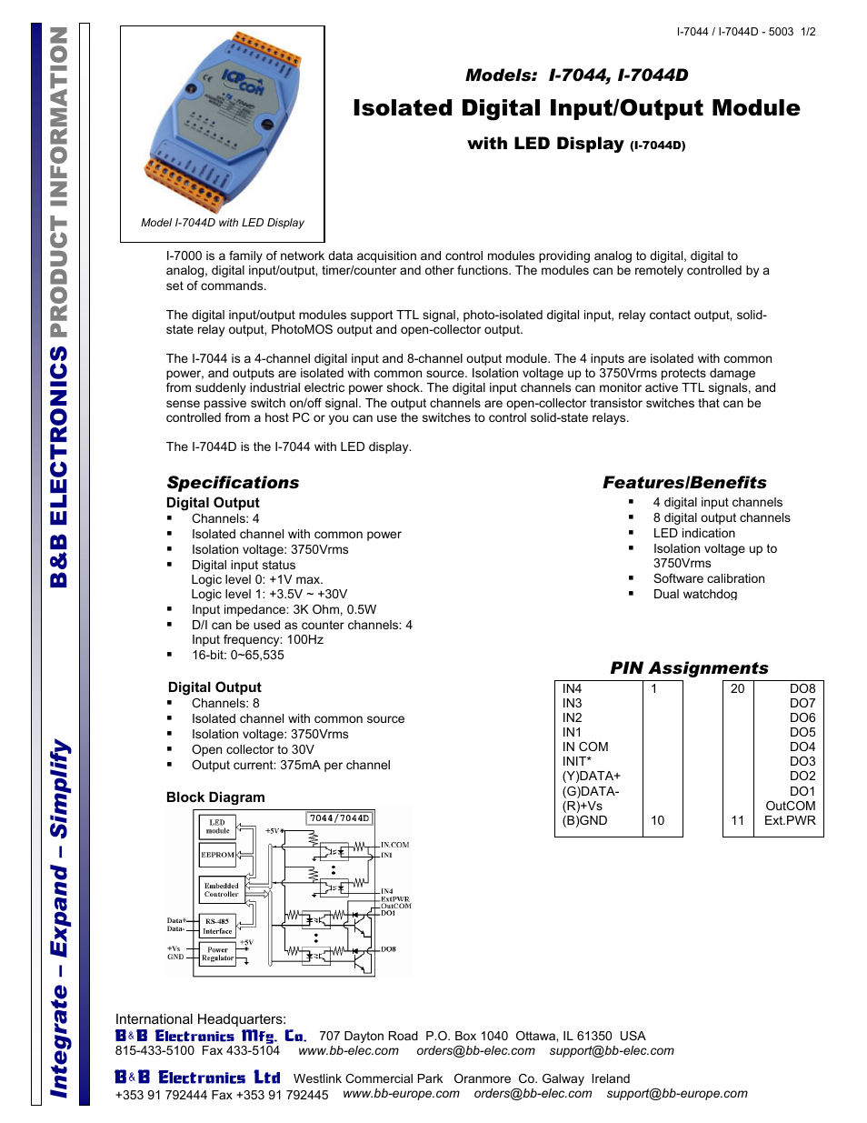 B&B Electronics I-7044D - Datasheet User Manual | 2 pages