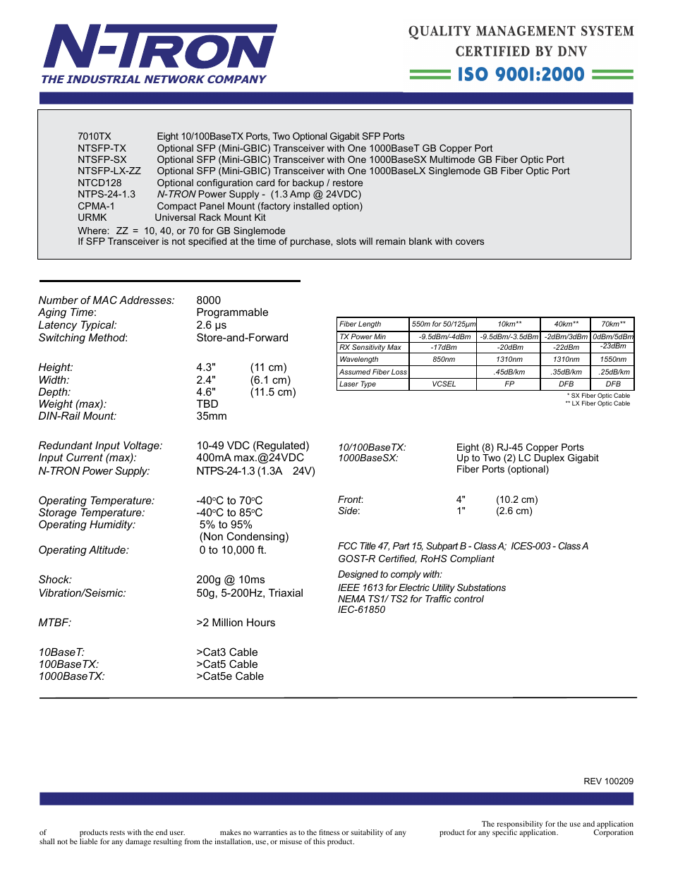 7010tx specifi cations, Contact information | B&B Electronics 7010TX - Datasheet User Manual | Page 2 / 3