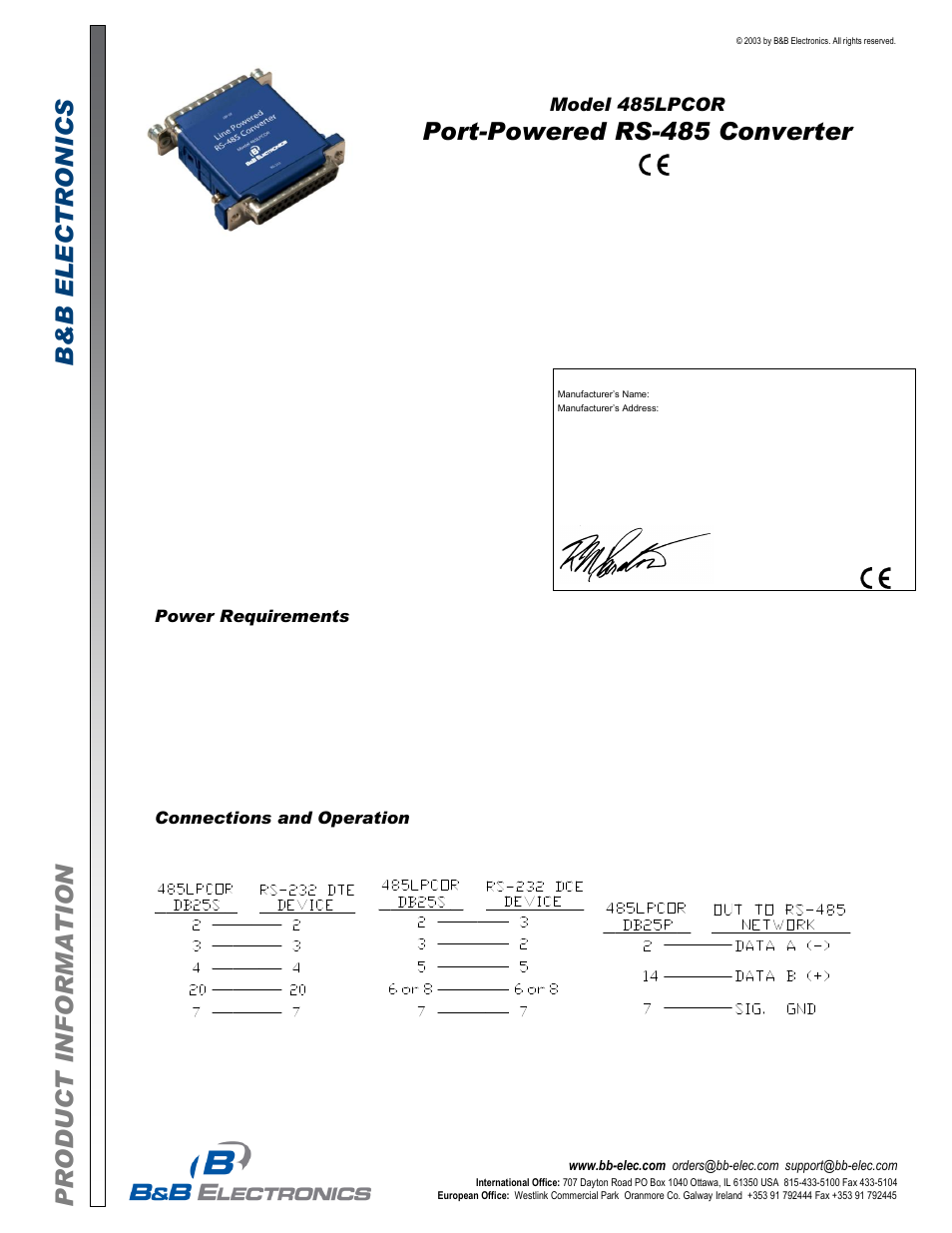 B&B Electronics 485LPCOR - Datasheet User Manual | 2 pages