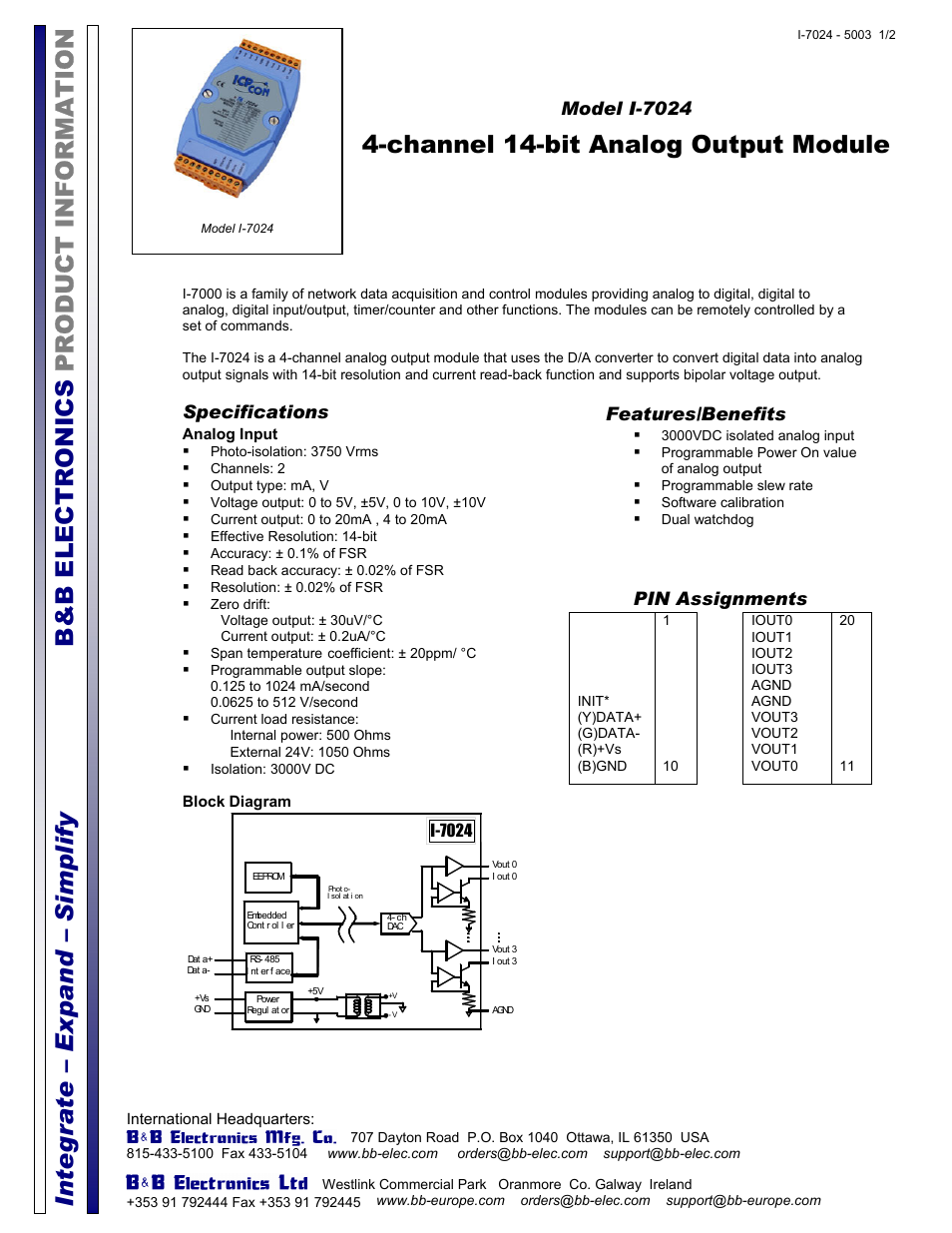 B&B Electronics I-7024 - Datasheet User Manual | 2 pages