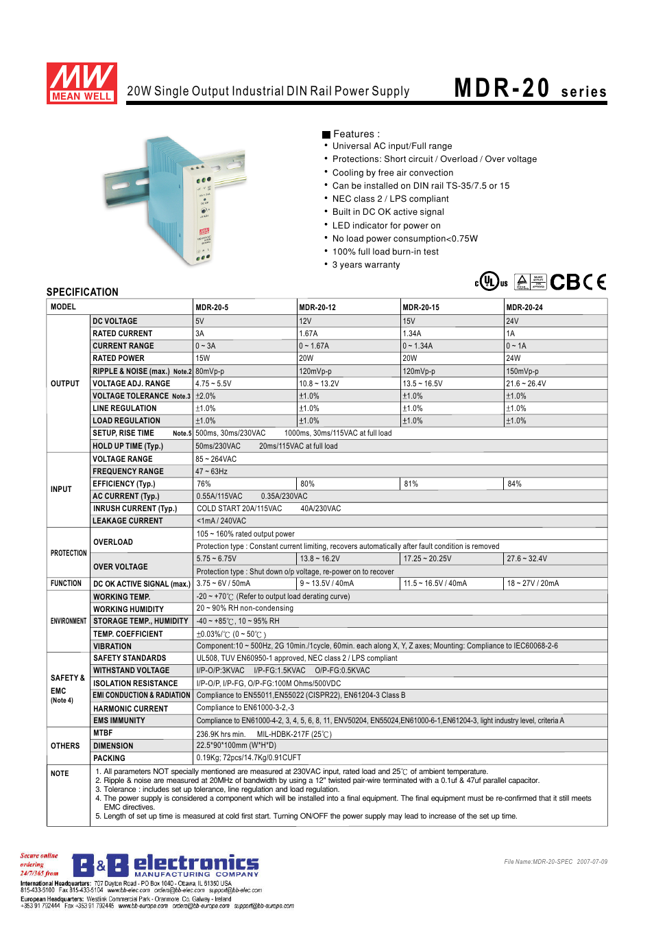 B&B Electronics MDR-20 Series - Datasheet User Manual | 2 pages