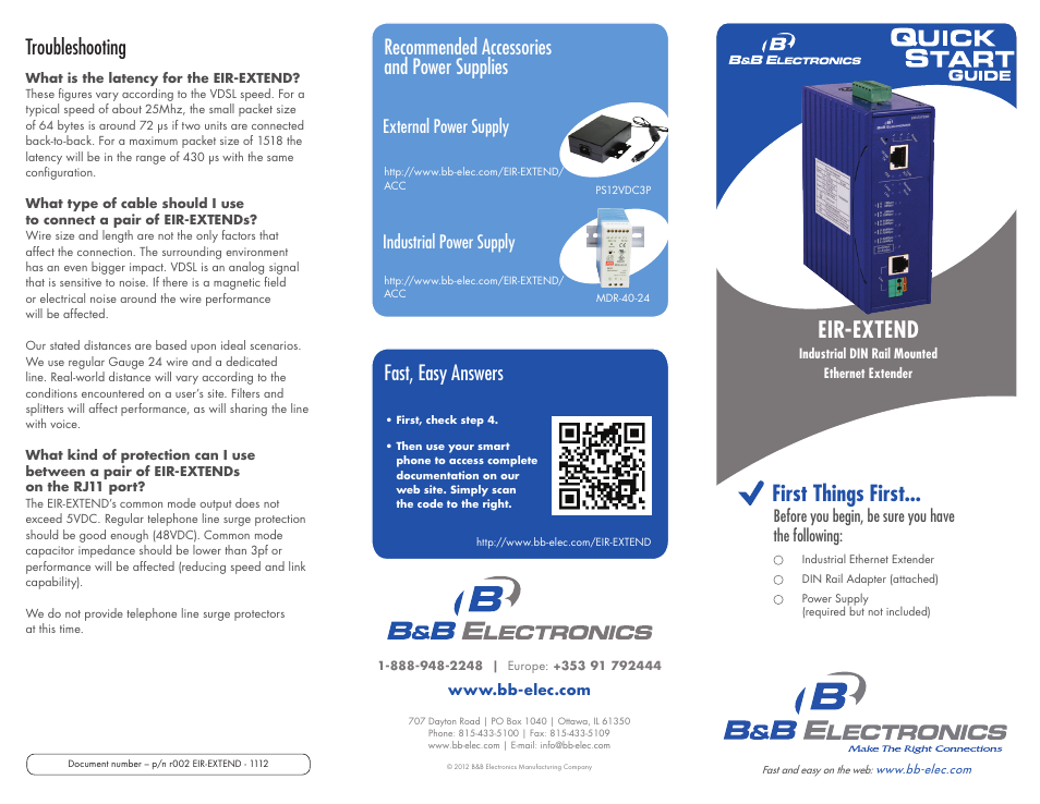 First things first... eir-extend, Troubleshooting, Recommended accessories and power supplies | Fast, easy answers, External power supply industrial power supply | B&B Electronics EIR-EXTEND - Quick Start Guide User Manual | Page 2 / 2