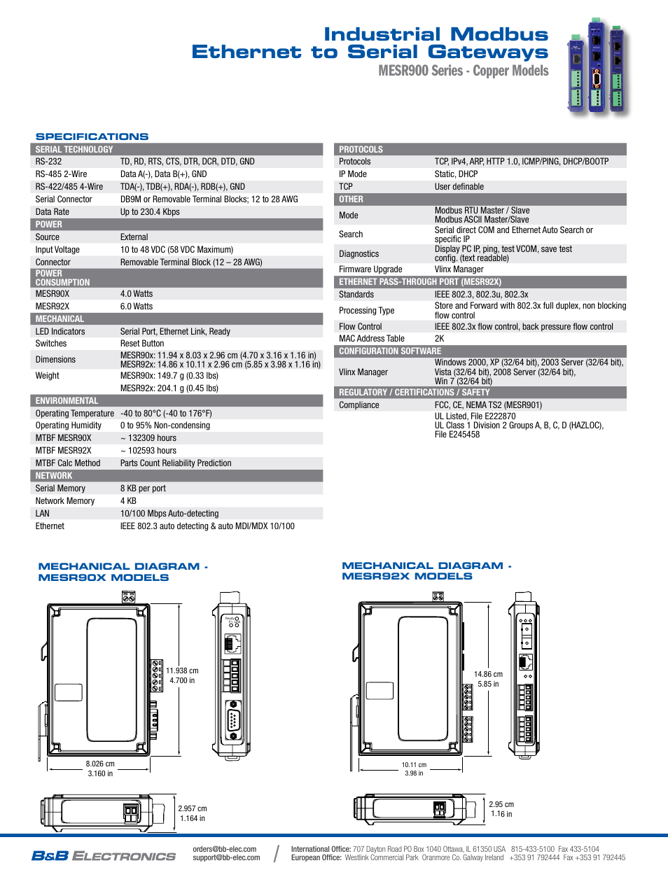 Industrial modbus ethernet to serial gateways, Mesr900 series - copper models | B&B Electronics MESR900 Series - Copper Models  - Datasheet User Manual | Page 2 / 2
