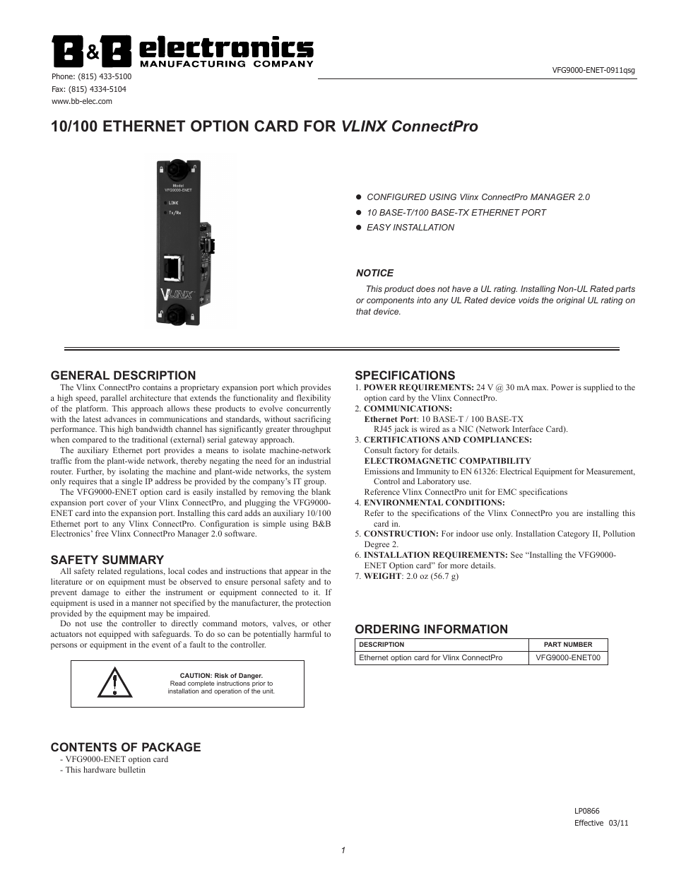 B&B Electronics VFG9000-ENET - Quick Start Guide User Manual | 4 pages