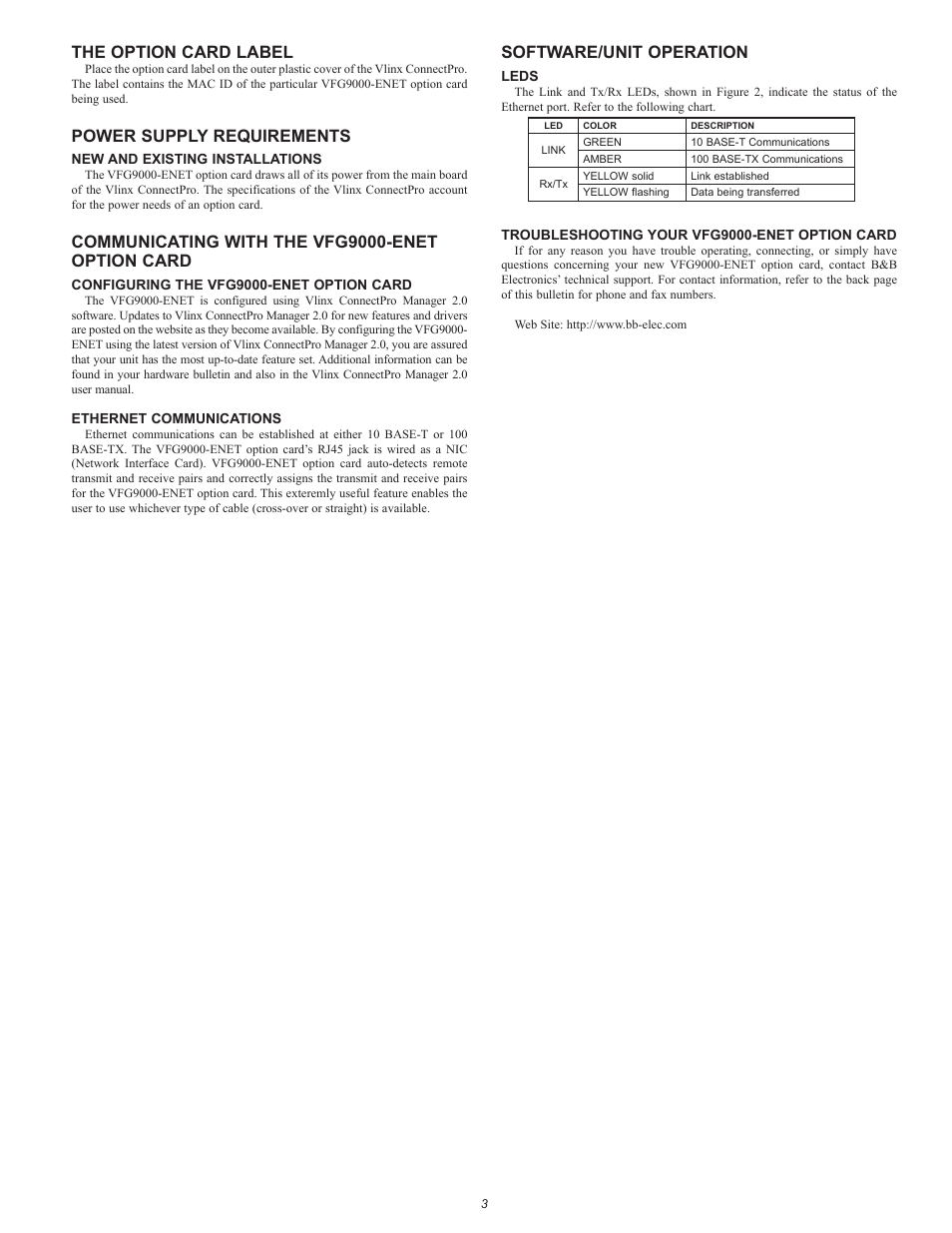 The option card label, Power supply requirements, Communicating with the vfg9000-enet option card | Software/unit operation | B&B Electronics VFG9000-ENET - Quick Start Guide User Manual | Page 3 / 4