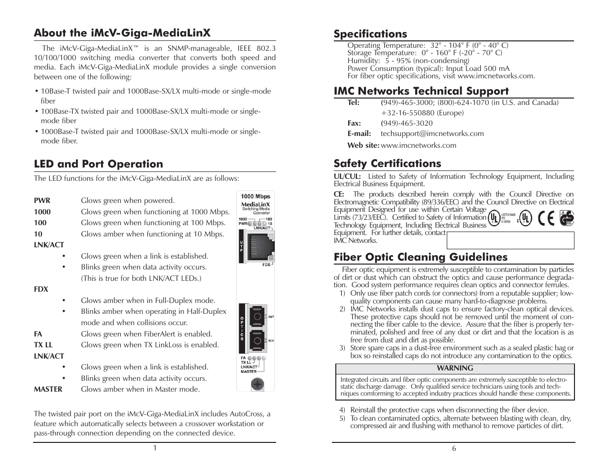 About the imcv-giga-medialinx, Led and port operation, Specifications | Imc networks technical support, Safety certifications, Fiber optic cleaning guidelines | B&B Electronics 856-18901 - Manual User Manual | Page 4 / 12
