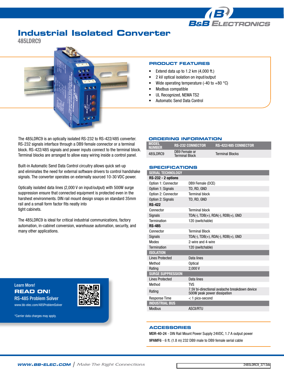 B&B Electronics 485LDRC9 - Datasheet User Manual | 2 pages