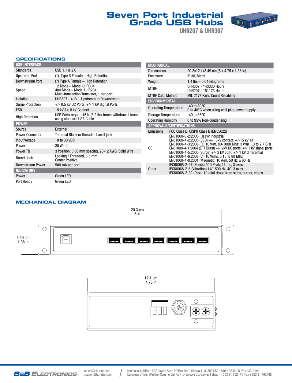 Seven port industrial grade usb hubs | B&B Electronics UHR307 - Datasheet User Manual | Page 2 / 2