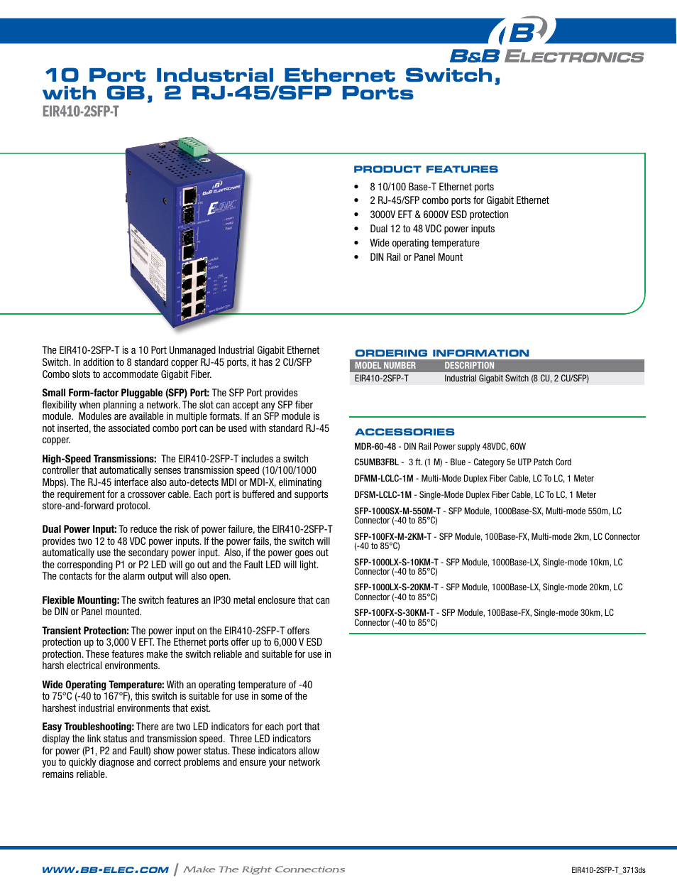 B&B Electronics EIR410-2SFP-T - Datasheet User Manual | 2 pages