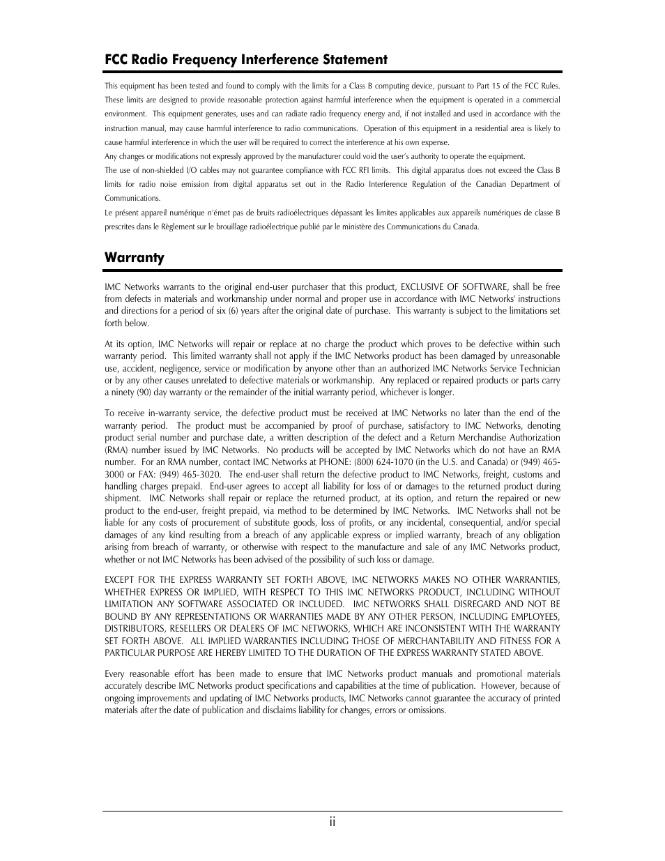 Ii fcc radio frequency interference statement, Warranty | B&B Electronics 850-14400--15 - Manual User Manual | Page 2 / 20