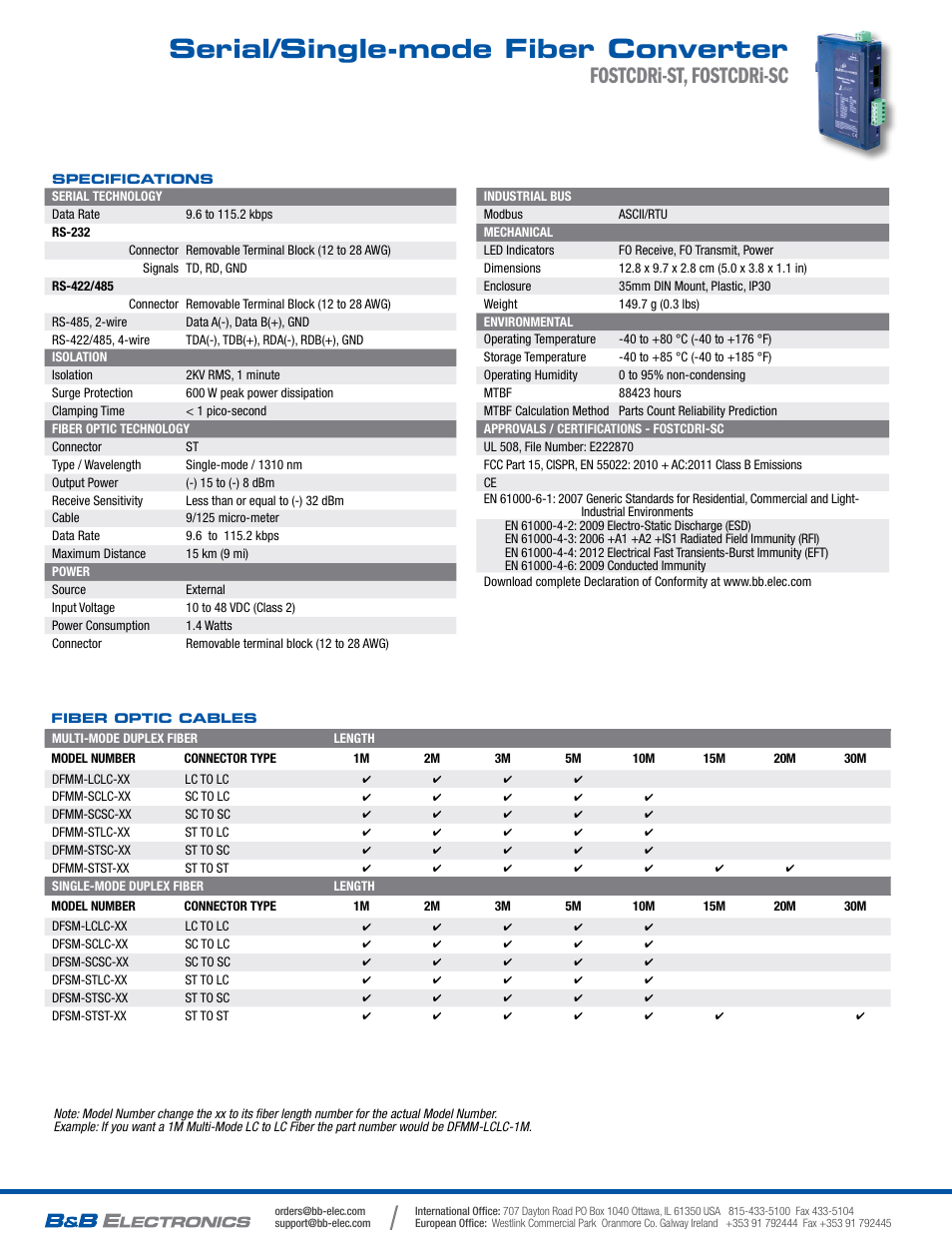Serial/single-mode fiber converter, Fostcdri-st, fostcdri-sc | B&B Electronics FOSTCDRI-ST - Datasheet User Manual | Page 2 / 2