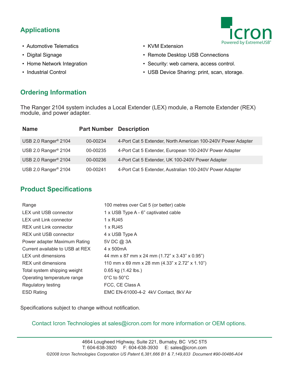 Applications, Ordering information, Product specifications | Icron Ranger 2104 User Manual | Page 2 / 2