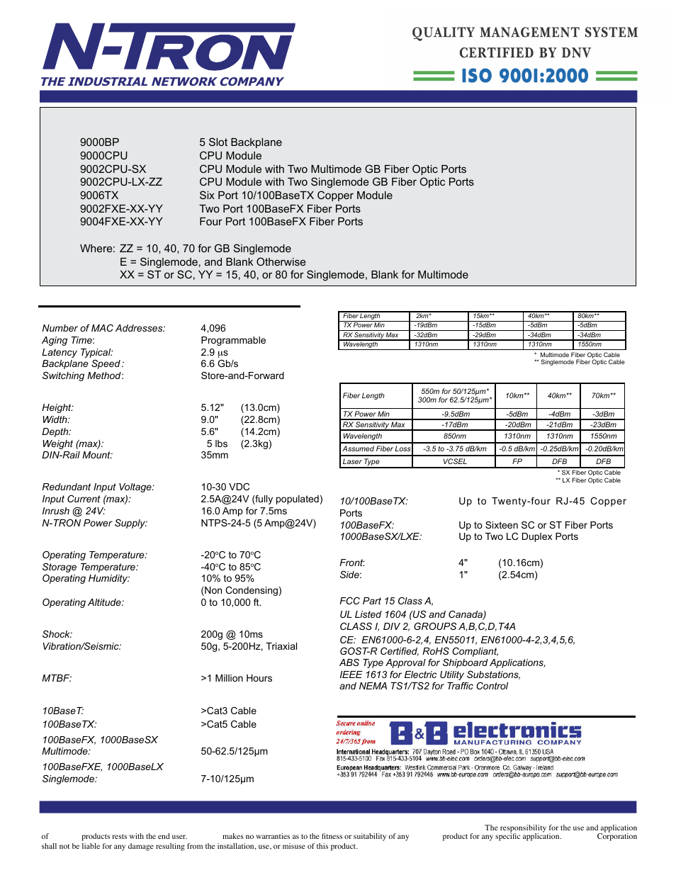 9000 specifi cations, Contact information | B&B Electronics 9000BP - Datasheet User Manual | Page 2 / 3