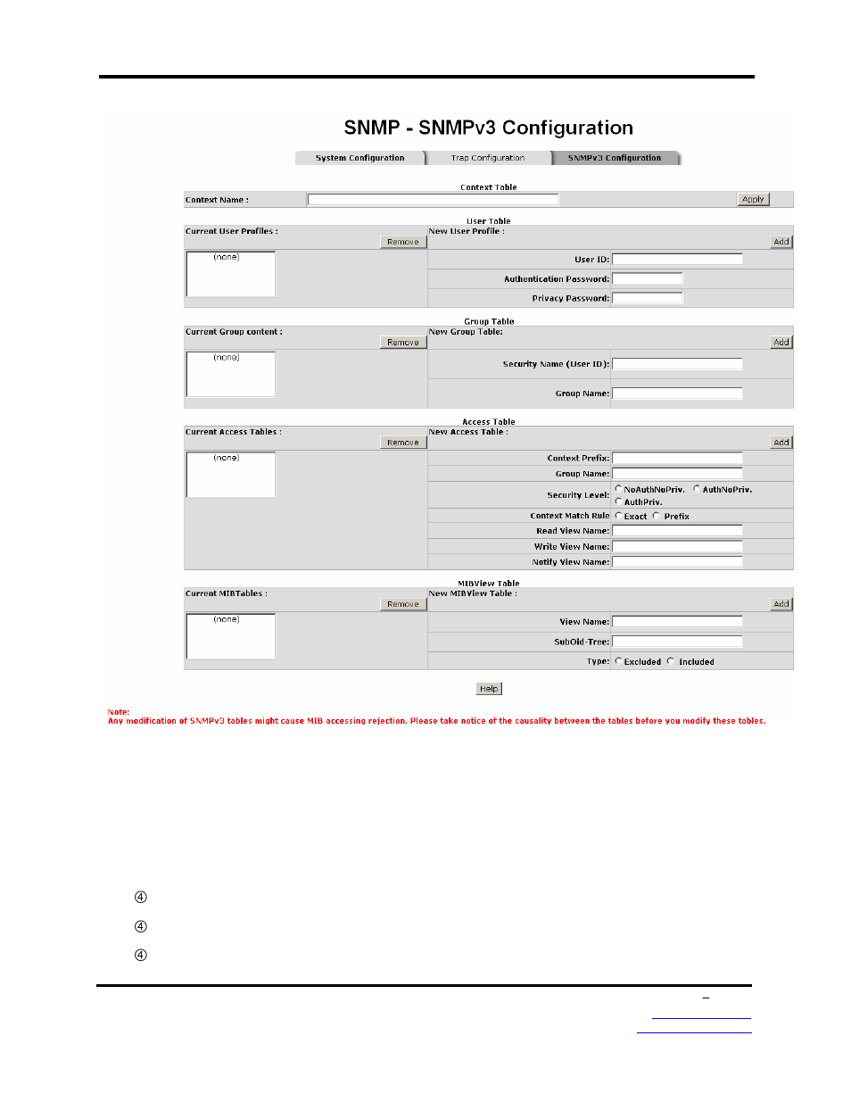 Access table, Configure snmp v3 access table, Context prefix: set up the context name | Group name: set up the group, Security level: select the access level | B&B Electronics EIRP610-2SFP-T - Manual User Manual | Page 96 / 147