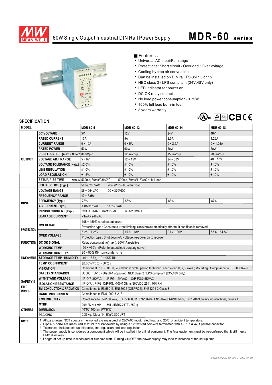 B&B Electronics MDR-60 Series - Datasheet User Manual | 2 pages