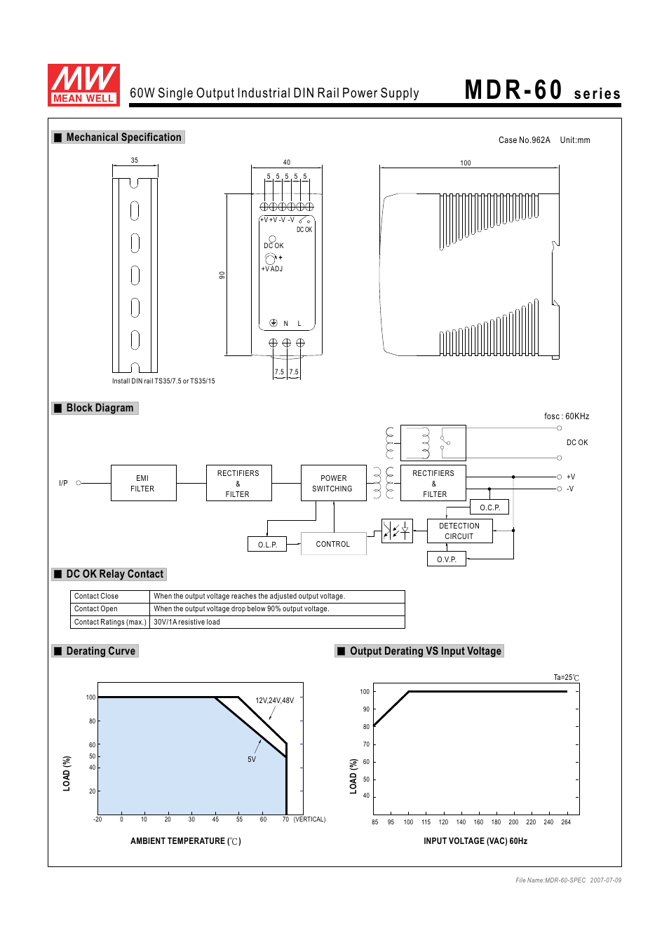 M d r - 6 0, 60w single output industrial din rail power supply, Mechanical specification | Block diagram dc ok relay contact, Output derating vs input voltage, Derating curve | B&B Electronics MDR-60 Series - Datasheet User Manual | Page 2 / 2