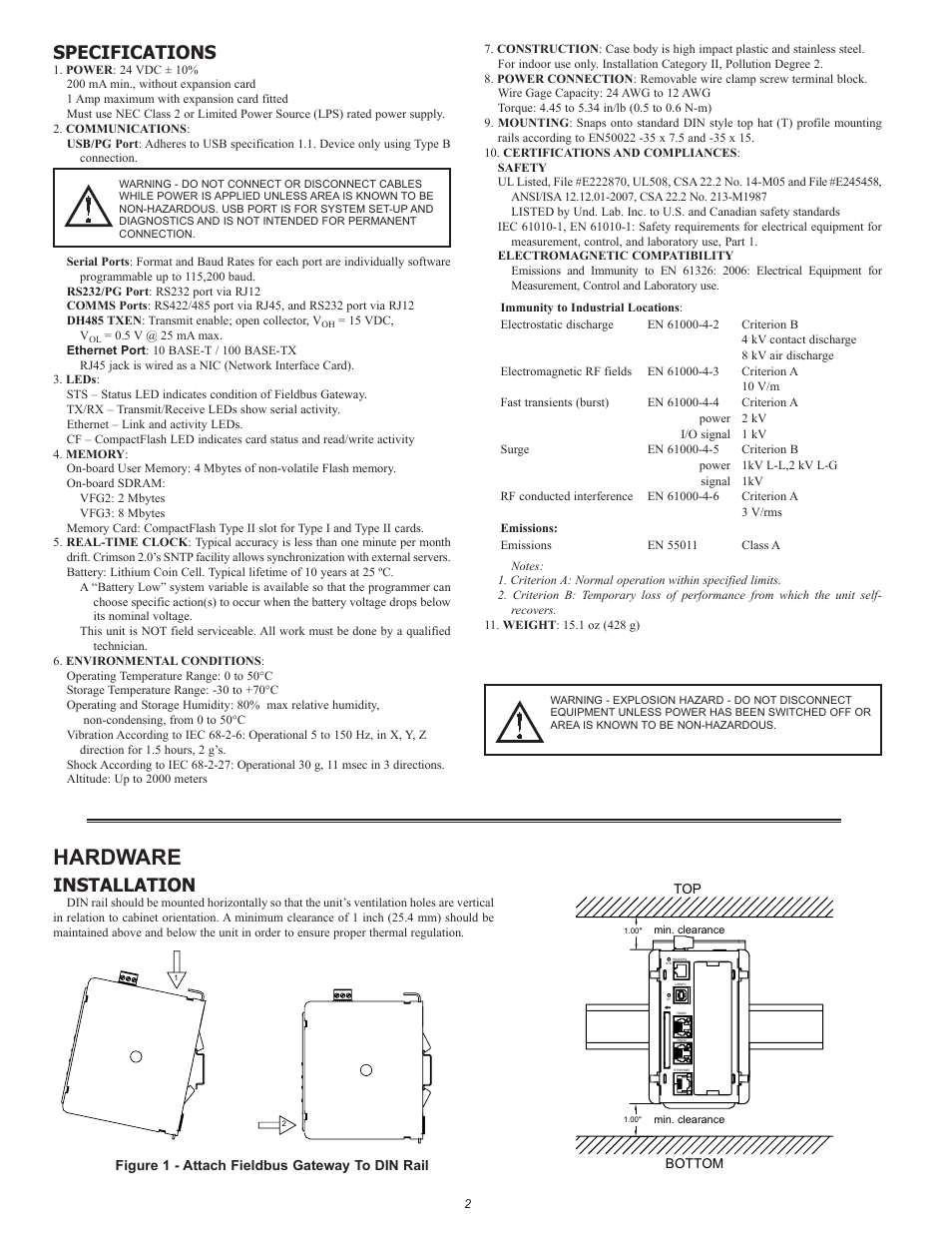 Hardware, Specifications, Installation | B&B Electronics VFG3000 - Quick Start Guide User Manual | Page 2 / 8