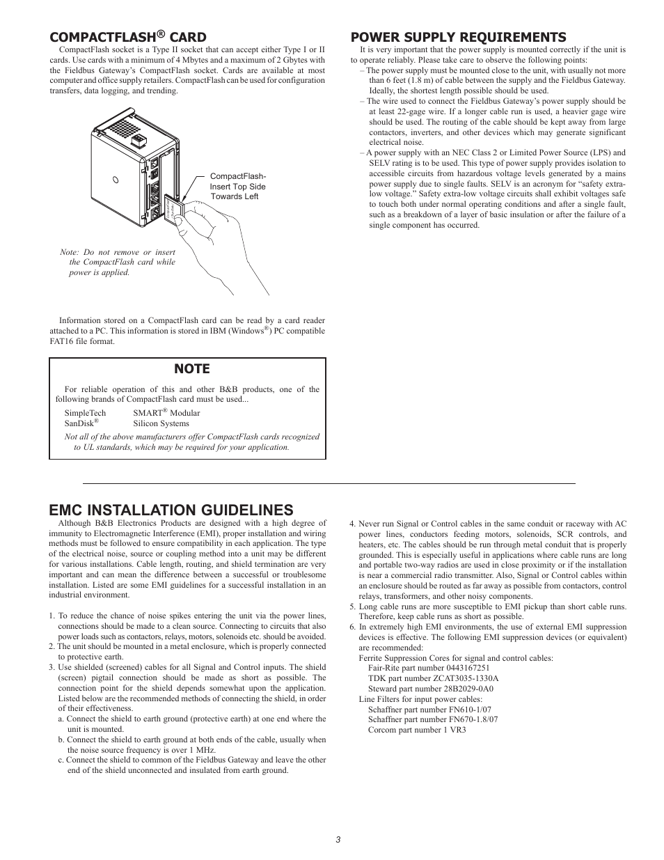 Emc installation guidelines, Compactflash, Card | Power supply requirements | B&B Electronics VFG3000 - Quick Start Guide User Manual | Page 3 / 8