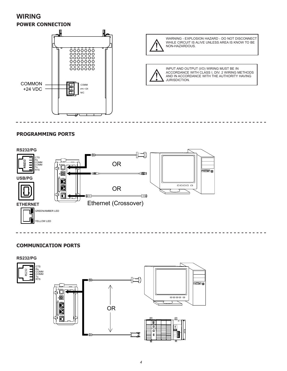 Wiring, Or ethernet (crossover) or, Communication ports | Power connection programming ports, Common +24 vdc, Chassis gnd | B&B Electronics VFG3000 - Quick Start Guide User Manual | Page 4 / 8