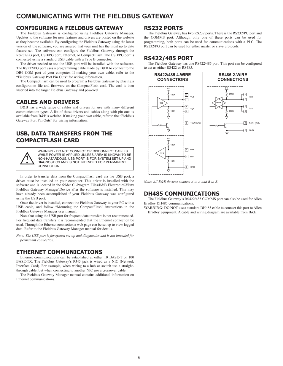 Communicating with the fieldbus gateway, Configuring a fieldbus gateway, Cables and drivers | Usb, data transfers from the compactflash card, Ethernet communications, Rs232 ports, Dh485 communications | B&B Electronics VFG3000 - Quick Start Guide User Manual | Page 6 / 8