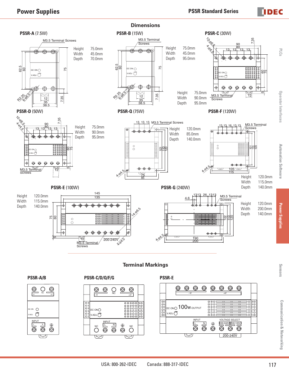 Power supplies, Ps5r standard series 117, Dimensions | Terminal markings, Ps5r-a/b ps5r-c/d/q/f/g ps5r-e | B&B Electronics PS5R Series - Datasheet User Manual | Page 5 / 5