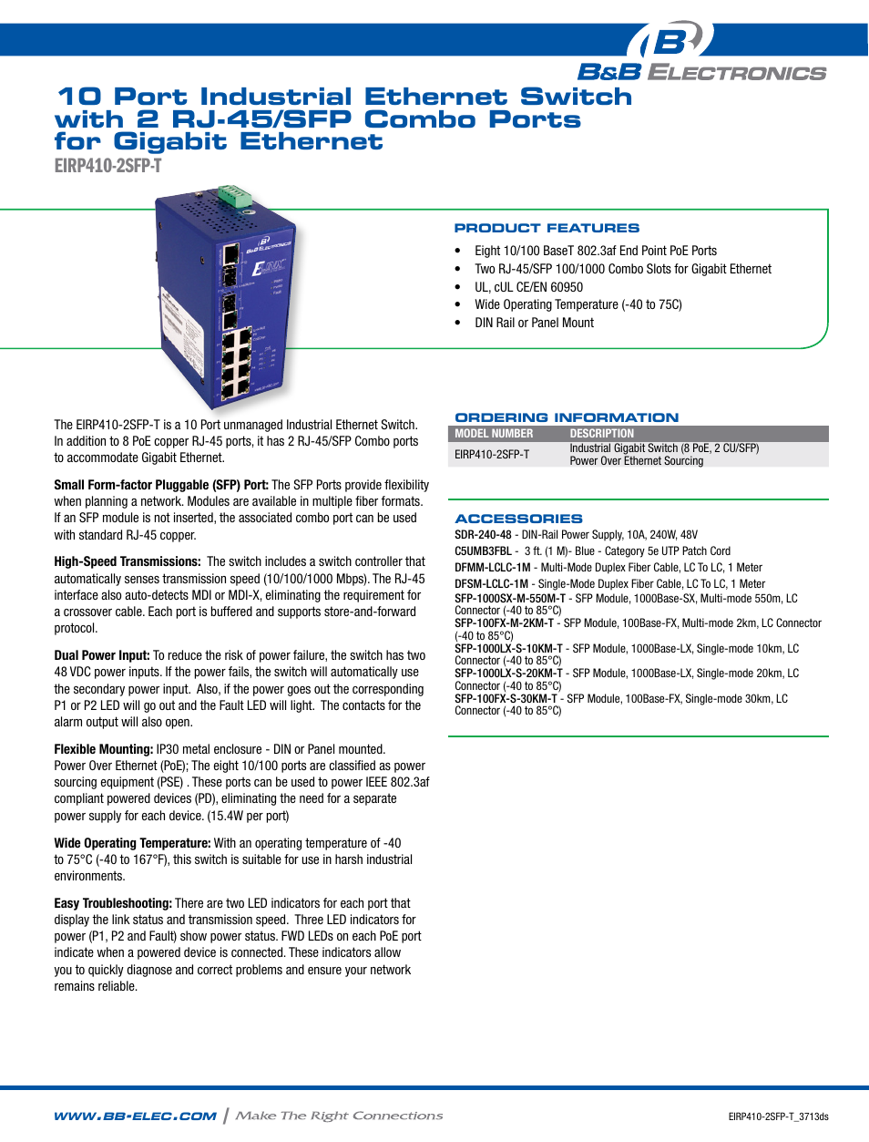 B&B Electronics EIRP410-2SFP-T - Datasheet User Manual | 2 pages