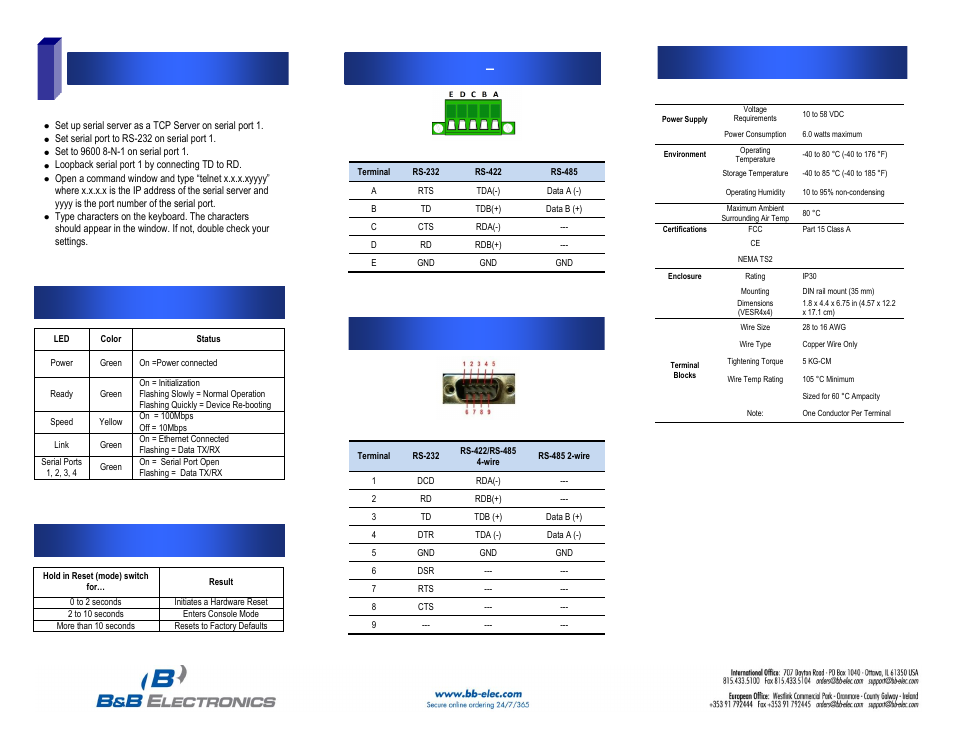 Test and verify operation, Led status indicators, Reset switch operation | Serial port pinout - db-9, Serial port pinout – terminal blk, Specifications | B&B Electronics VESR4X4 - Quick Start Guide User Manual | Page 2 / 2