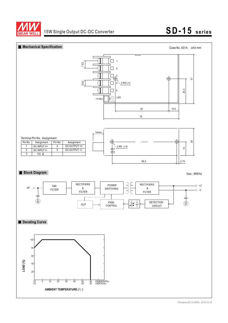 S d - 1 5, 15w single output dc-dc converter, Block diagram | Mechanical specification derating curve | B&B Electronics SD-15 Series - Datasheet User Manual | Page 2 / 2