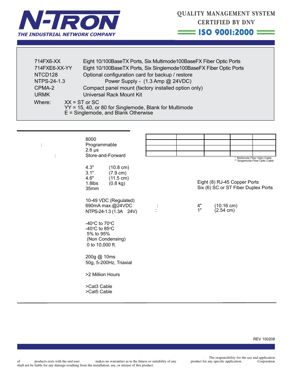 714fx6, Industrial ethernet switch ordering information, 714fx6 specifi cations | Contact information | B&B Electronics 714FX6-SC_ST - Datasheet User Manual | Page 2 / 3