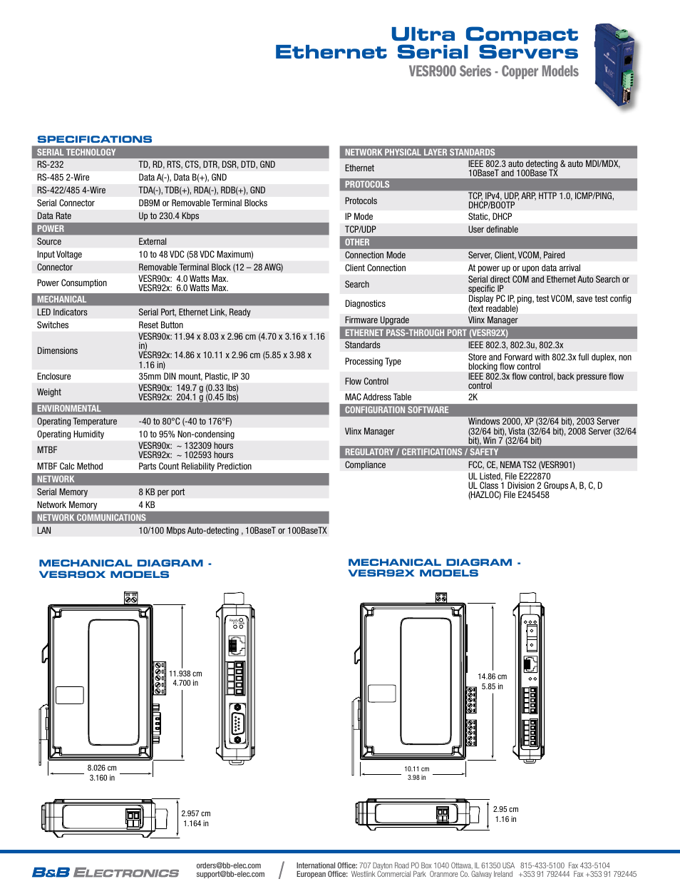 Ultra compact ethernet serial servers, Vesr900 series - copper models | B&B Electronics VESR9xx - Copper Models - Datasheet User Manual | Page 2 / 2