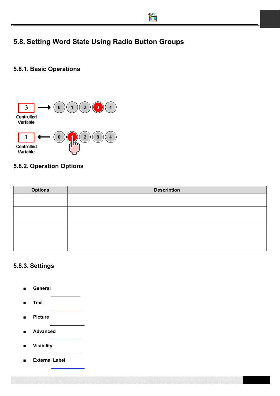 Setting word state using radio button groups, Pm designer operation manual | B&B Electronics WOP-2121V-N4AE - Manual User Manual | Page 212 / 664