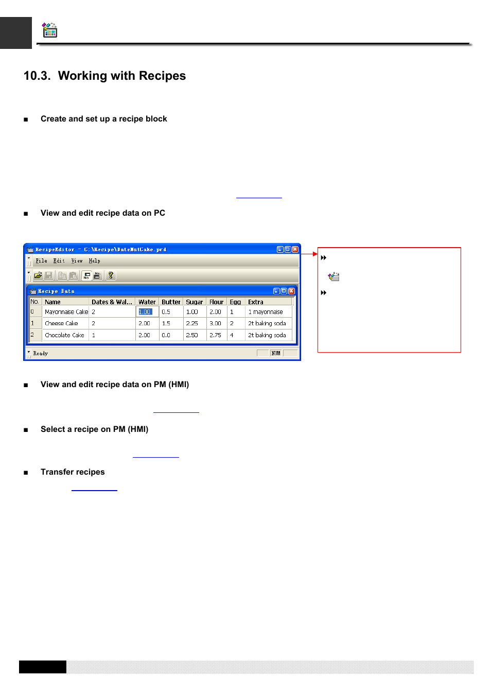 Working with recipes, Pm designer operation manual | B&B Electronics WOP-2121V-N4AE - Manual User Manual | Page 338 / 664