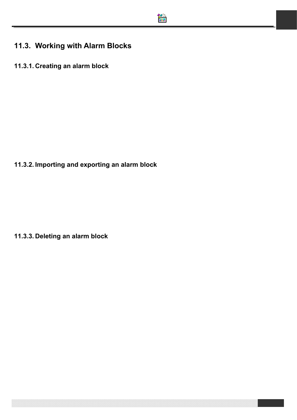 Working with alarm blocks, Creating an alarm block, Importing and exporting an alarm block | Deleting an alarm block, Pm designer operation manual | B&B Electronics WOP-2121V-N4AE - Manual User Manual | Page 357 / 664