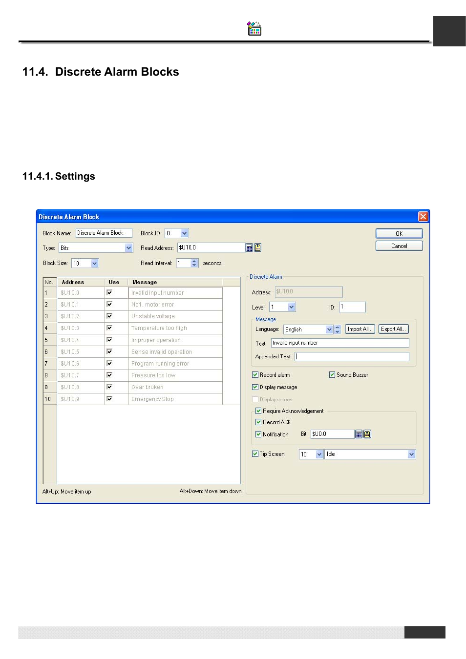 Discrete alarm blocks, Settings, Pm designer operation manual | B&B Electronics WOP-2121V-N4AE - Manual User Manual | Page 359 / 664