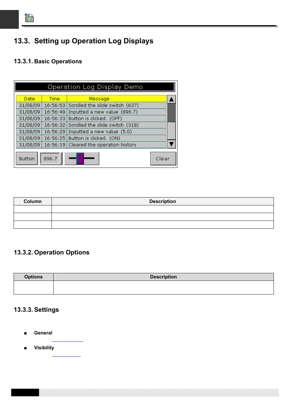 Setting up operation log displays, Basic operations, Operation options | Settings, General settings, Pm designer operation manual | B&B Electronics WOP-2121V-N4AE - Manual User Manual | Page 406 / 664