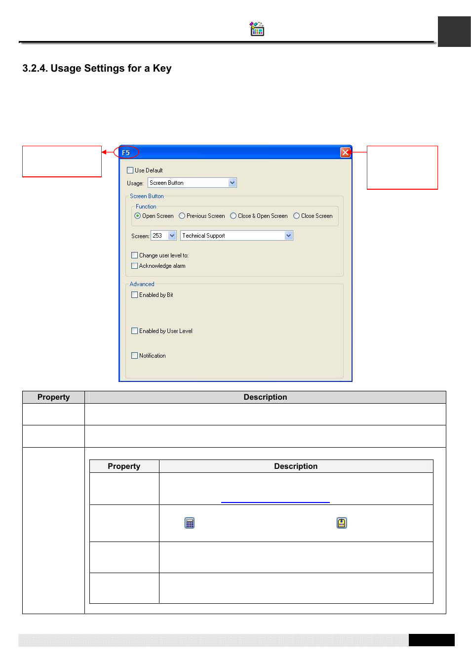 Usage settings for a key, Pm designer operation manual | B&B Electronics WOP-2121V-N4AE - Manual User Manual | Page 73 / 664