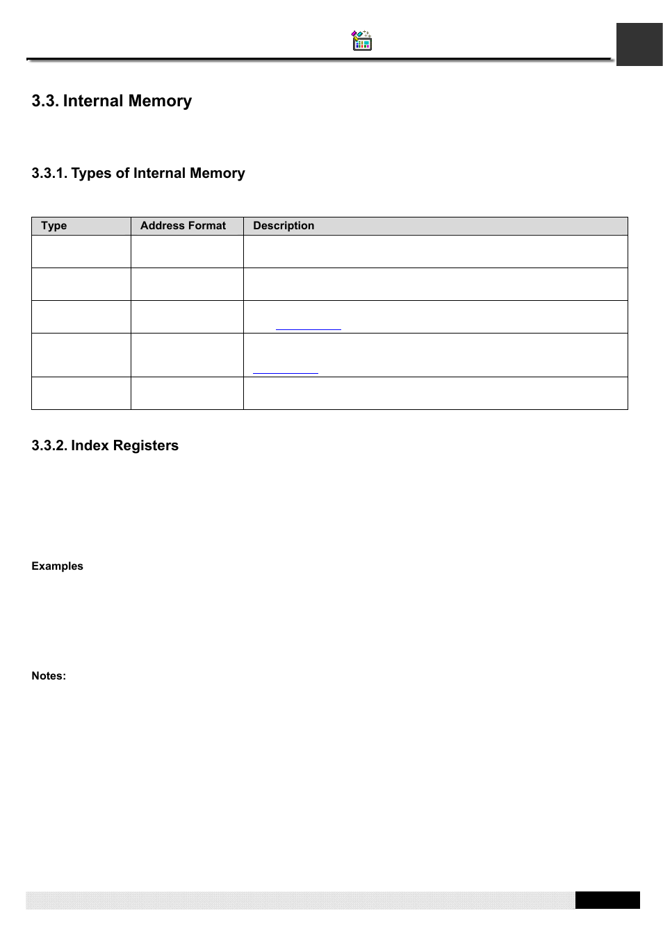 Internal memory, Types of internal memory, Index registers | Pm designer operation manual | B&B Electronics WOP-2121V-N4AE - Manual User Manual | Page 77 / 664