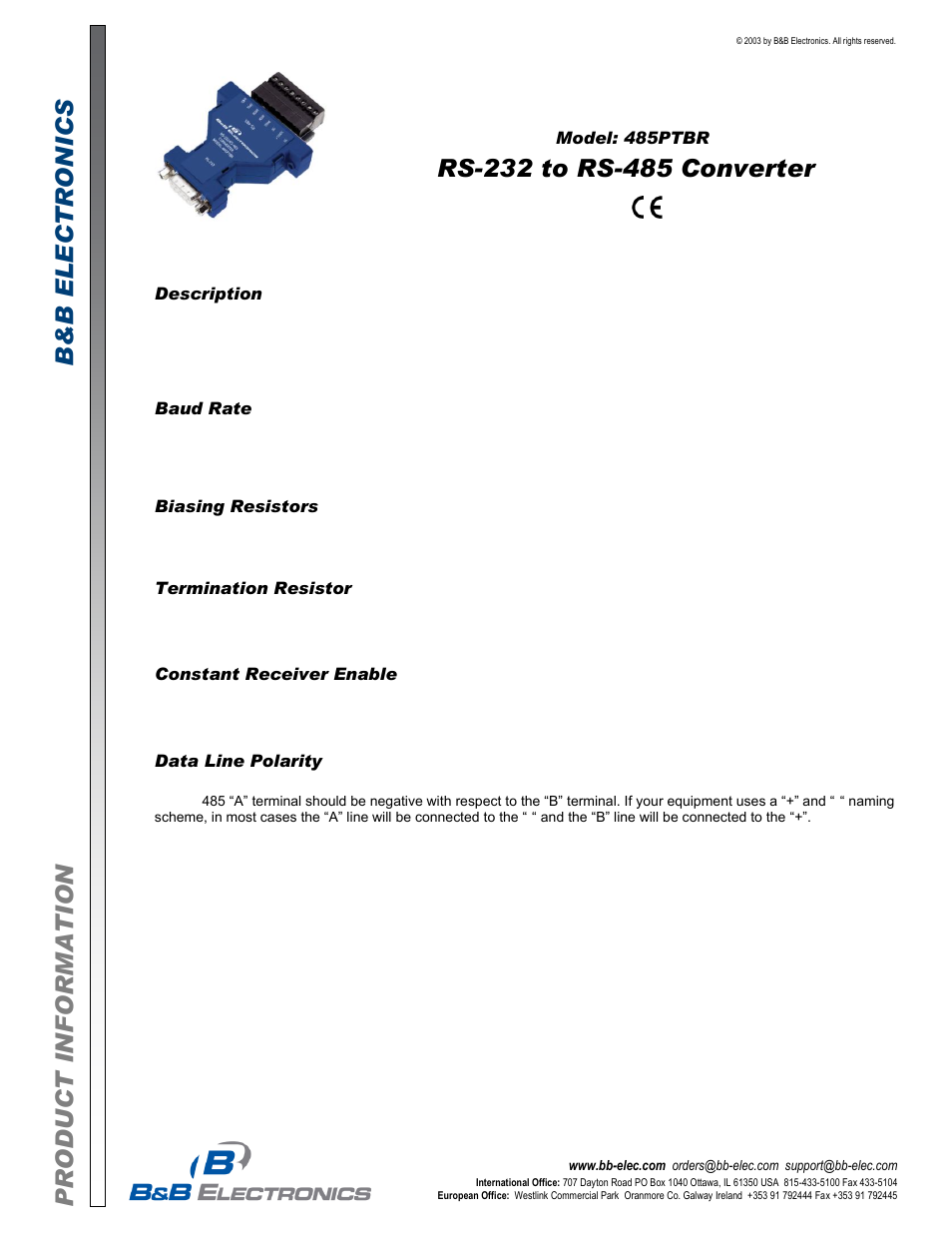B&B Electronics 485PTBR - Datasheet User Manual | 2 pages