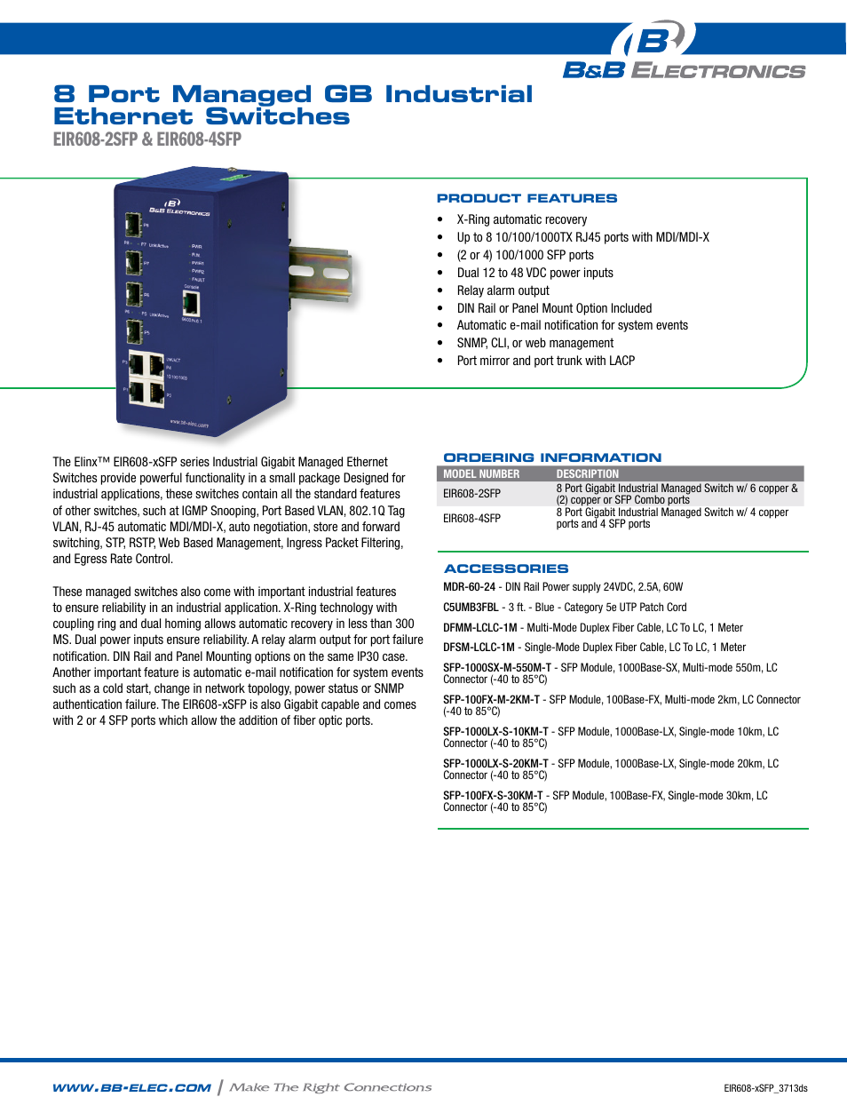 B&B Electronics EIR608-4SFP - Datasheet User Manual | 2 pages
