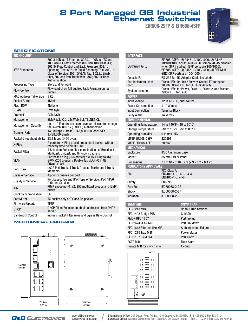 8 port managed gb industrial ethernet switches | B&B Electronics EIR608-4SFP - Datasheet User Manual | Page 2 / 2