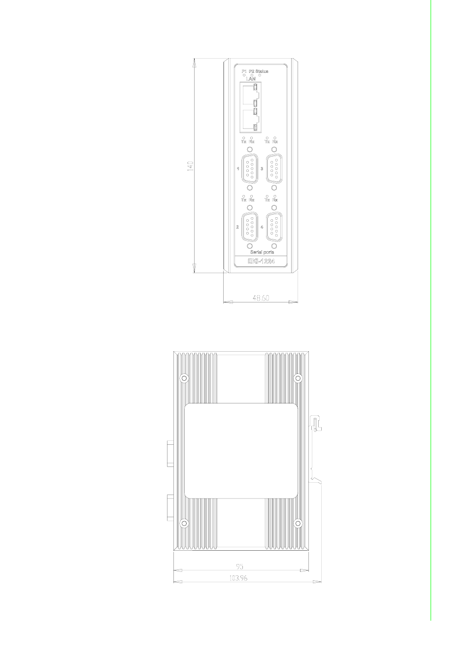 Figure 2.11 front view of eki-1224, Figure 2.12 side view of eki-1224, Chapter 2 g etting started | B&B Electronics EKI-1222 - Manual User Manual | Page 23 / 62