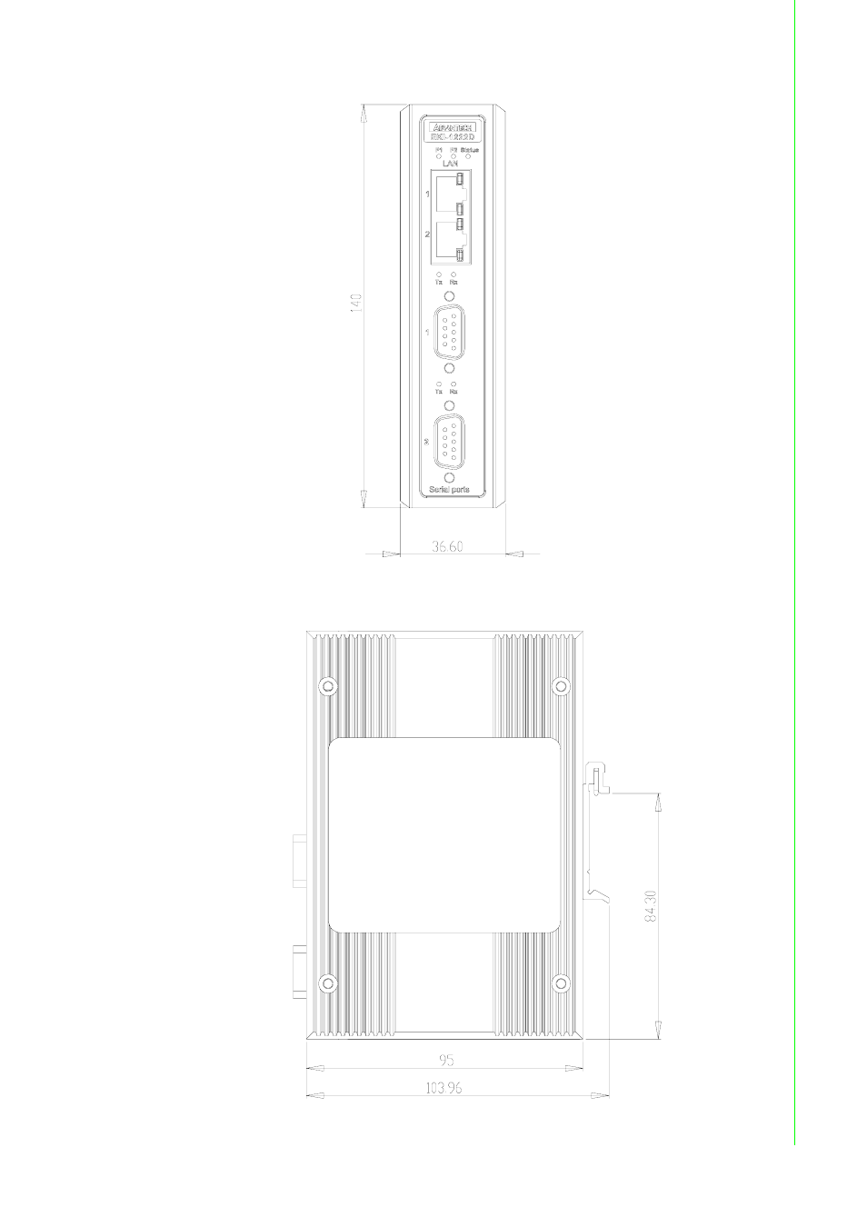 Figure 2.19 front view of eki-1222d, Figure 2.20 side view of eki-1222d, Chapter 2 g etting started | B&B Electronics EKI-1222 - Manual User Manual | Page 27 / 62