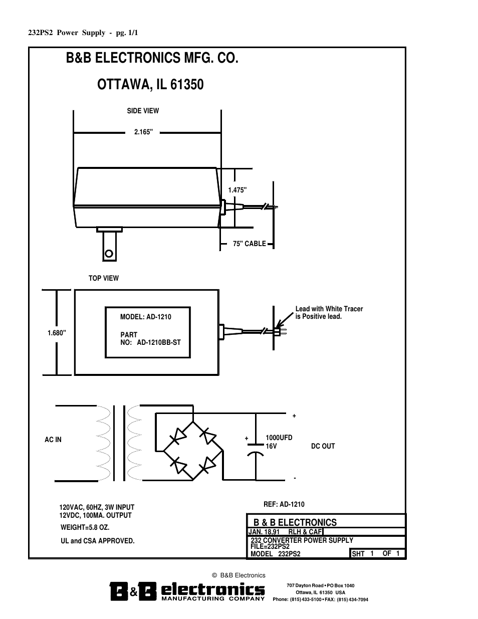 B&B Electronics 232PS2 - Datasheet User Manual | 2 pages