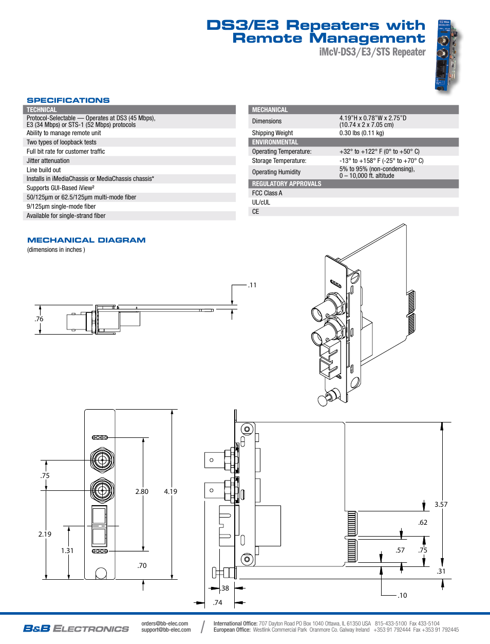 Ds3/e3 repeaters with remote management, Imcv-ds3/e3/sts repeater | B&B Electronics 850-14300--39 - Datasheet User Manual | Page 2 / 2