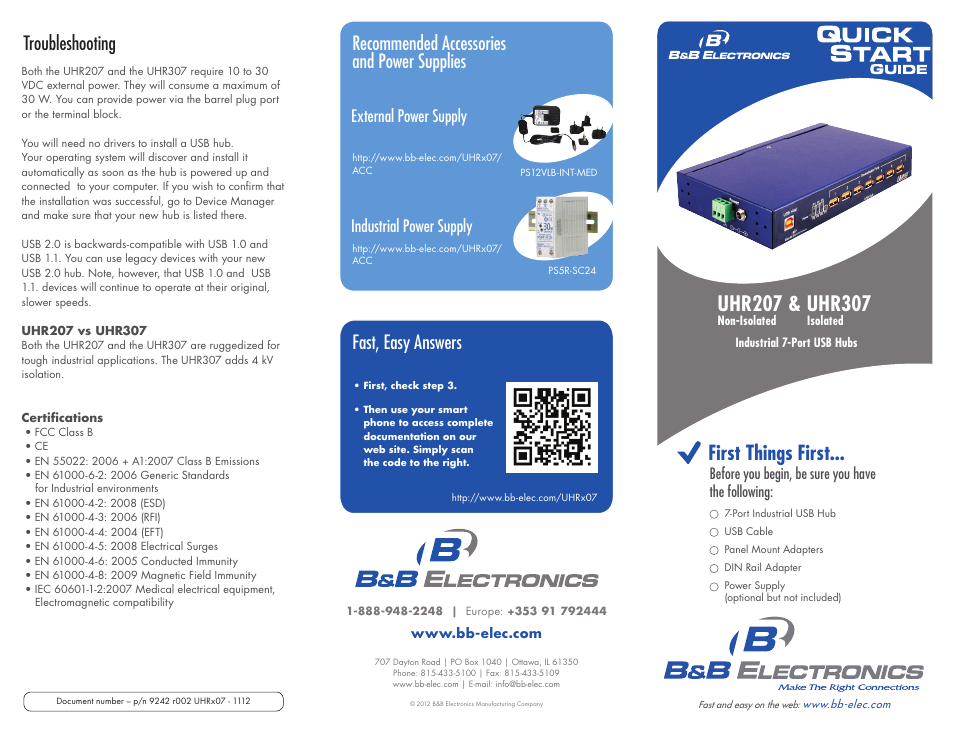 First things first, Troubleshooting, Recommended accessories and power supplies | Fast, easy answers, External power supply, Industrial power supply | B&B Electronics UHR307 - Quick Start Guide User Manual | Page 2 / 2