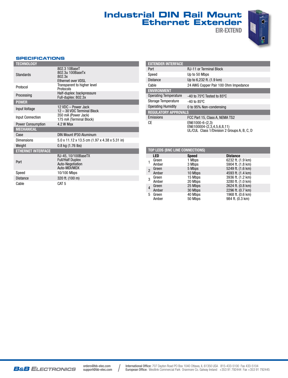 Industrial din rail mount ethernet extender, Eir-extend | B&B Electronics EIR-EXTEND - Datasheet User Manual | Page 2 / 2