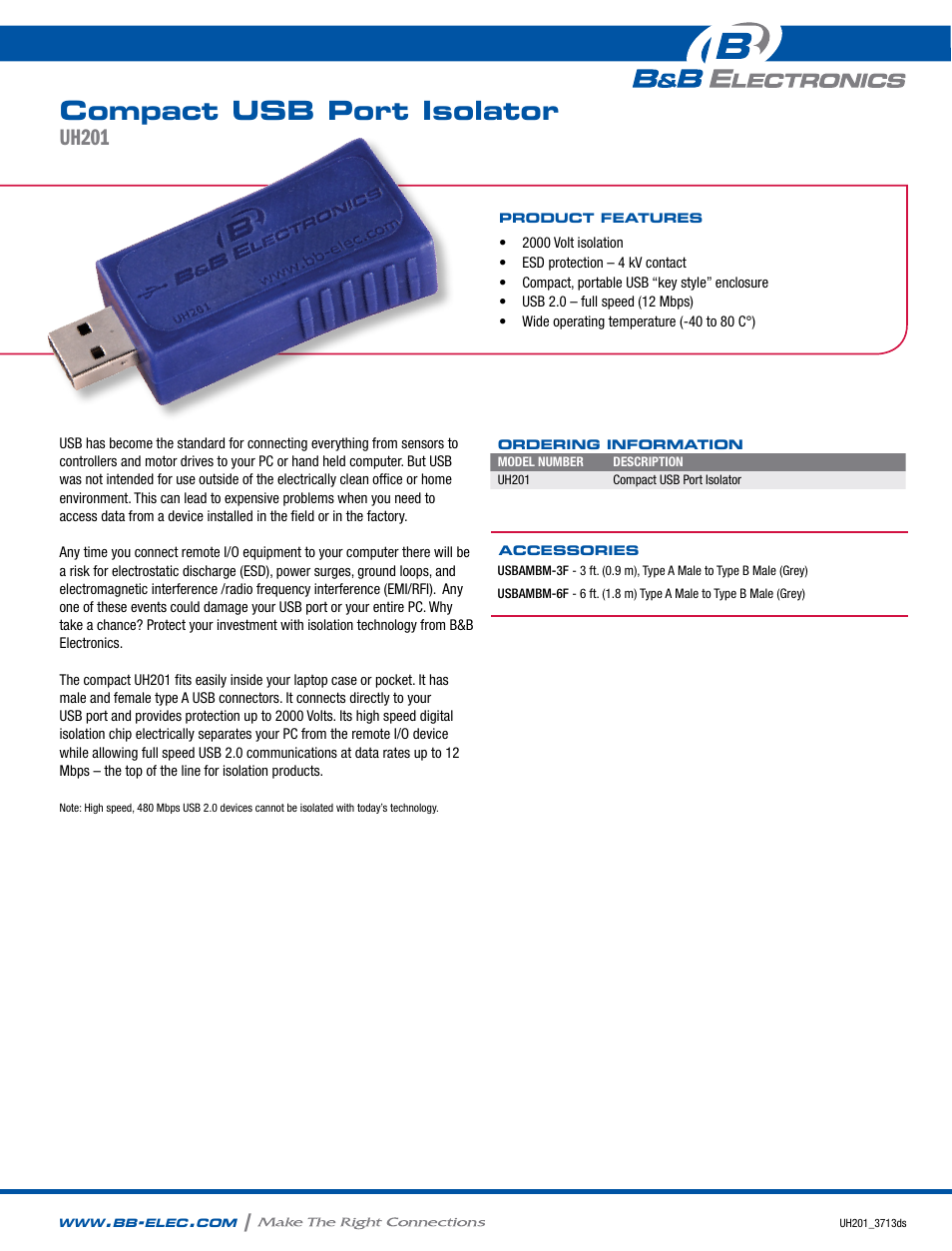 B&B Electronics UH201 - Datasheet User Manual | 2 pages