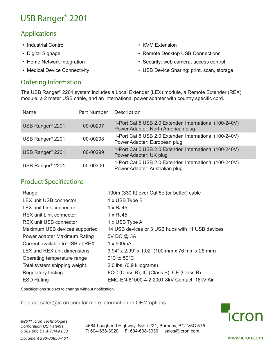 Usb ranger, Applications ordering information, Product specifications | B&B Electronics 00-00297 - Datasheet User Manual | Page 2 / 2
