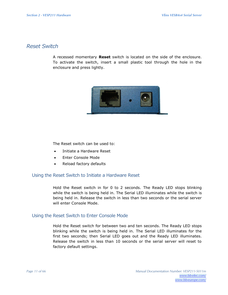 Reset switch | B&B Electronics VESP211 Series - Manual User Manual | Page 11 / 66